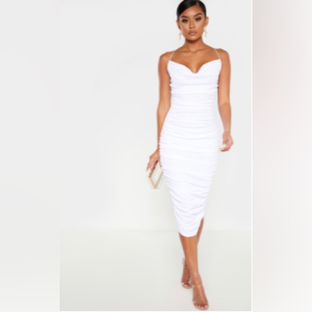 White Crinkle Texture Ruched Cowl Neck Midi Dress